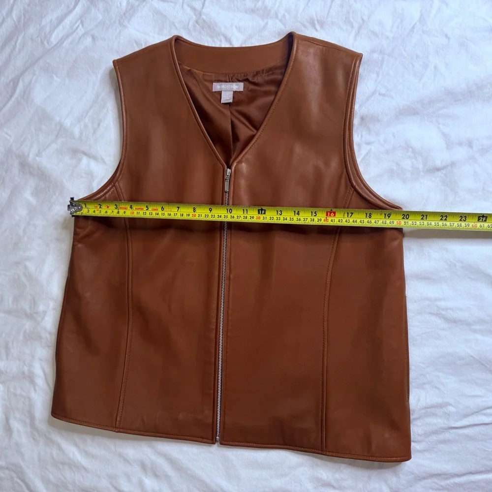 Nordstrom Genuine Lambskin Leather Zip Vest Brown Tan Lined Minimalist Y2K Large - Picture 8 of 10